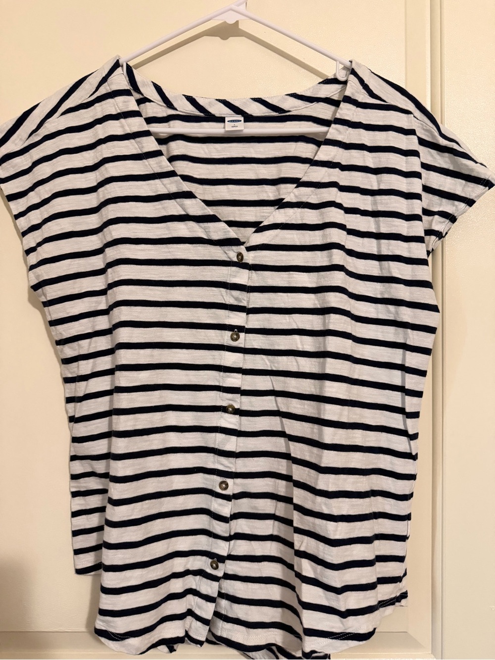 Old Navy Black & White Striped Button-Front V-Neck Top